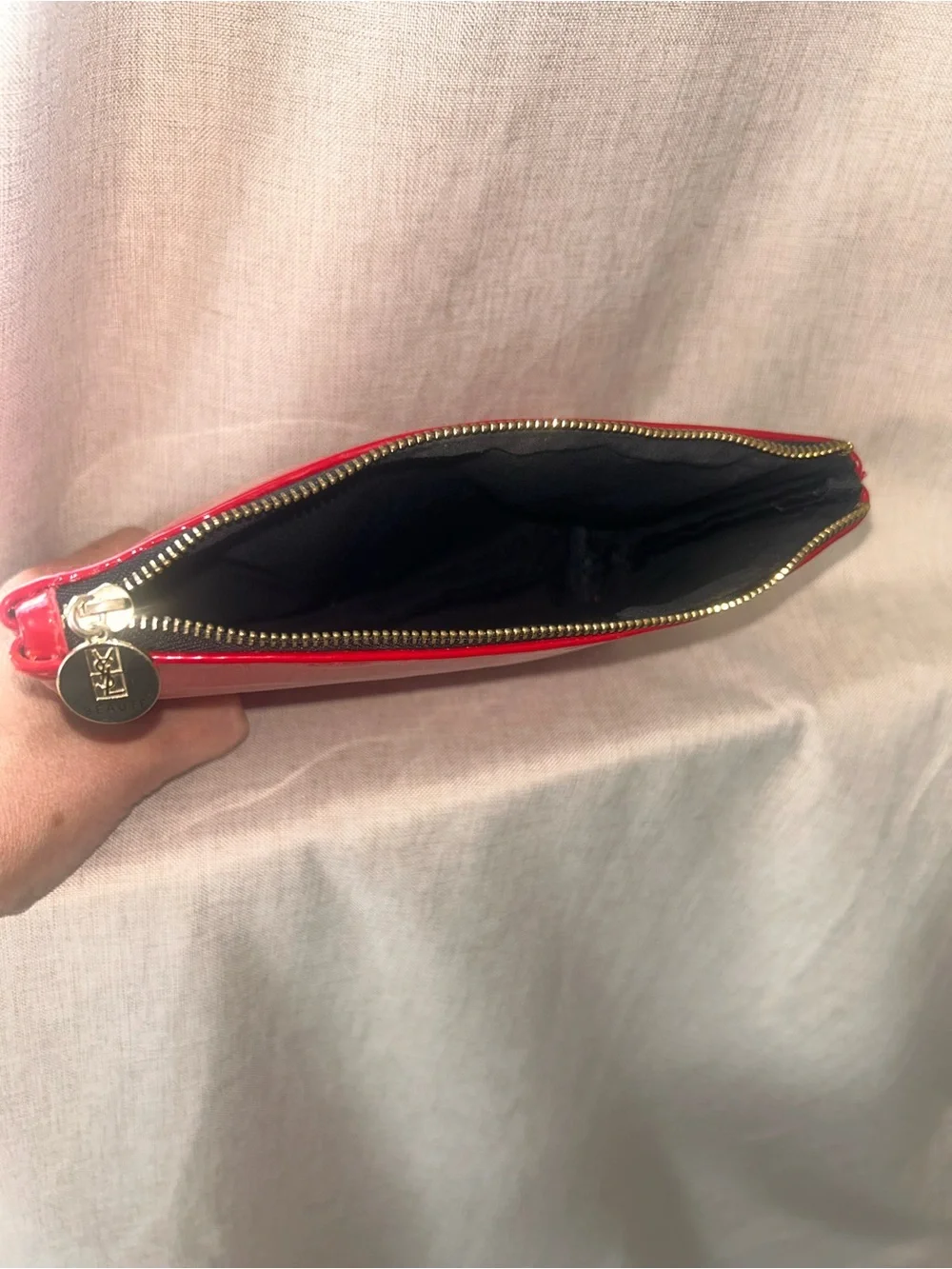 Yves Saint Laurent Patent Red Cosmetic Pouch with Embossed Slogan